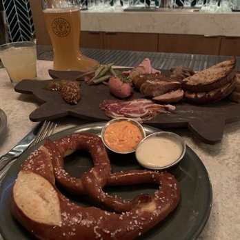 Funkenhausen signature dishes A Big Garlicky Pretzel 
Kasespaetzle
Smoked Spare Ribs